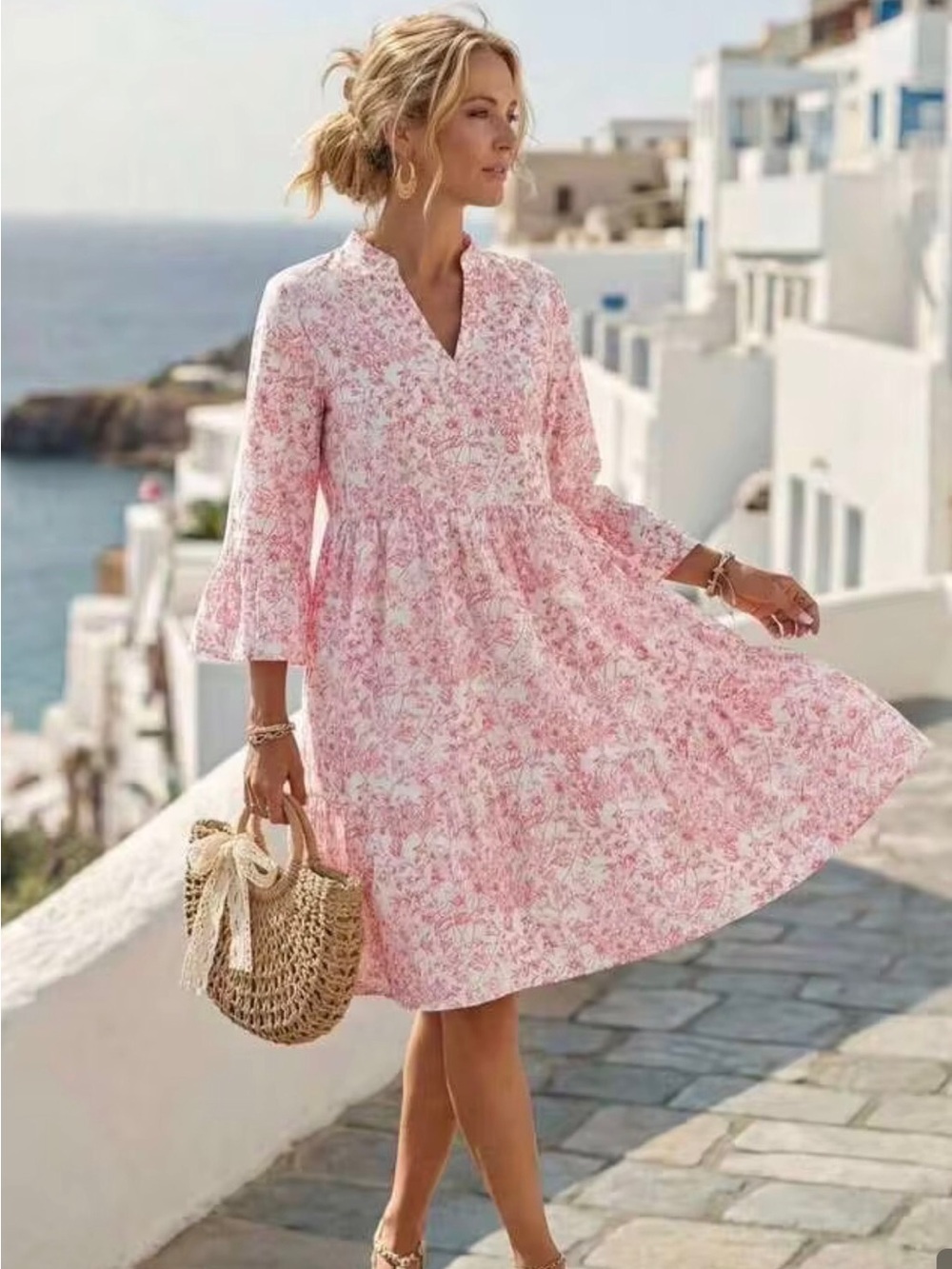 Women’s White/Pink Floral Print V-neck Tiered Dress Flutter Sleeves Size-L NEW